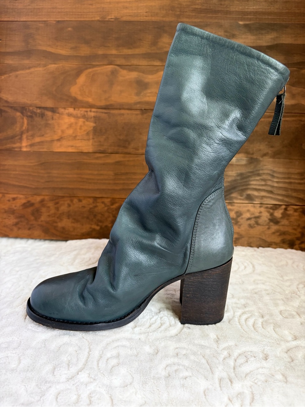 FREE PEOPLE Elle Block Heel Boots Sz 37 US 7 Teal Leather Slouch Leather Boho - Picture 10 of 16